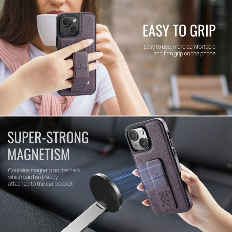 For iPhone 14 Fierre Shann Oil Wax Cow Leather Holder Back Phone Case(Purple)