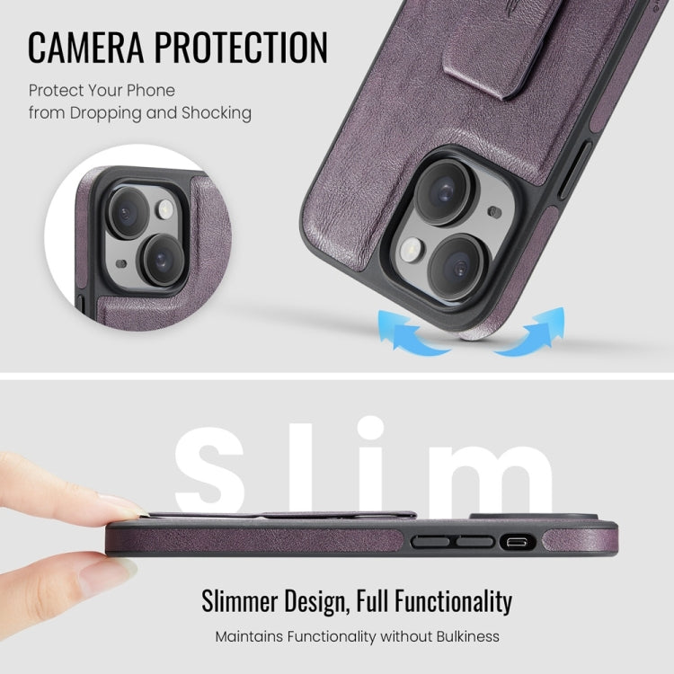 For iPhone 14 Fierre Shann Oil Wax Cow Leather Holder Back Phone Case(Purple)