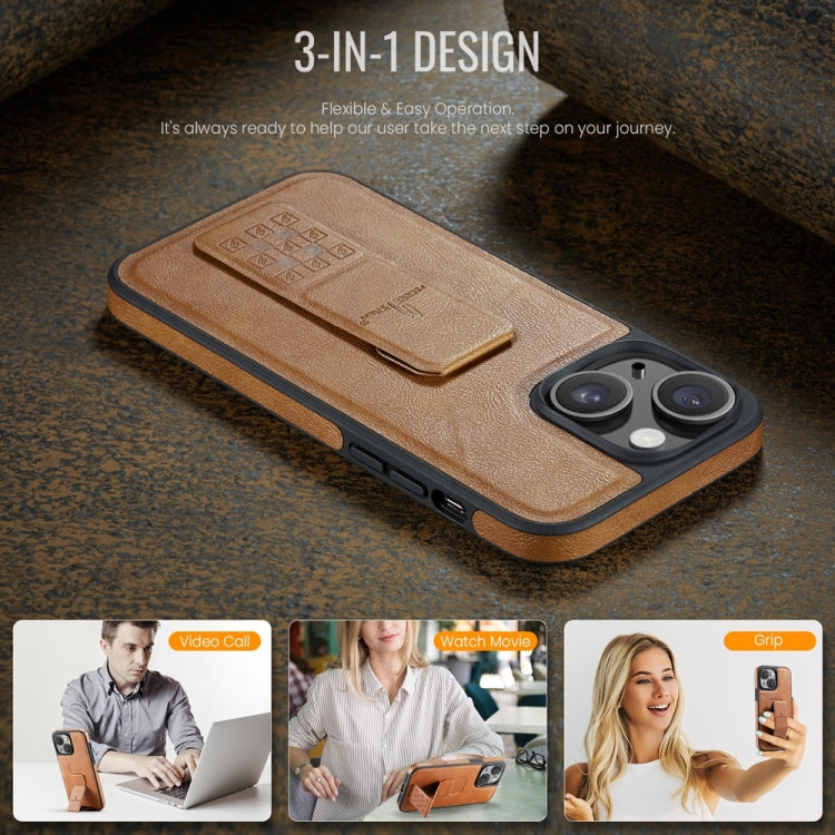 For iPhone 14 Fierre Shann Oil Wax Cow Leather Holder Back Phone Case(Brown)