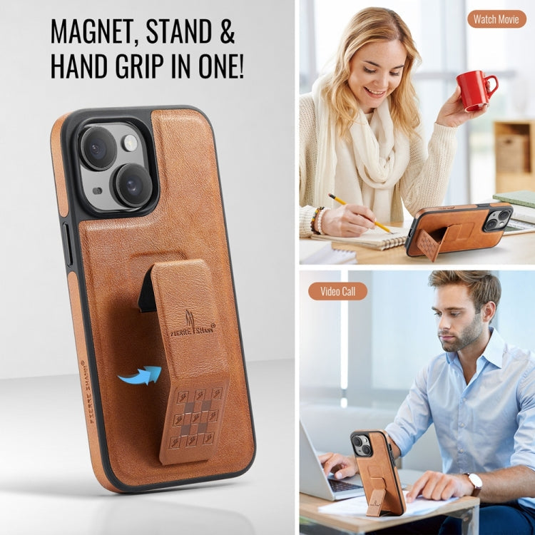 For iPhone 14 Fierre Shann Oil Wax Cow Leather Holder Back Phone Case(Brown)