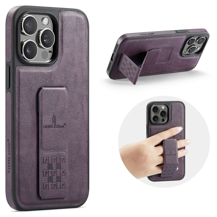 For iPhone 14 Pro Fierre Shann Oil Wax Cow Leather Holder Back Phone Case(Purple)