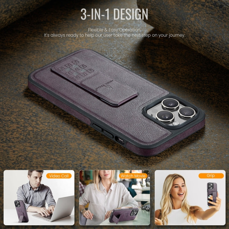 For iPhone 14 Pro Fierre Shann Oil Wax Cow Leather Holder Back Phone Case(Purple)