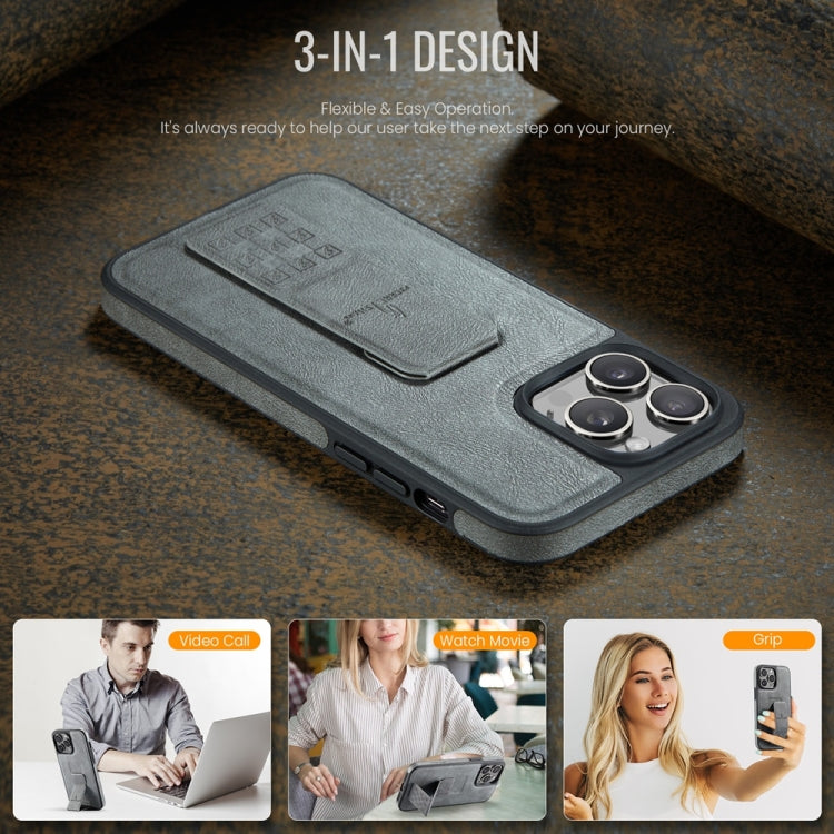 For iPhone 14 Pro Max Fierre Shann Oil Wax Cow Leather Holder Back Phone Case(Grey)
