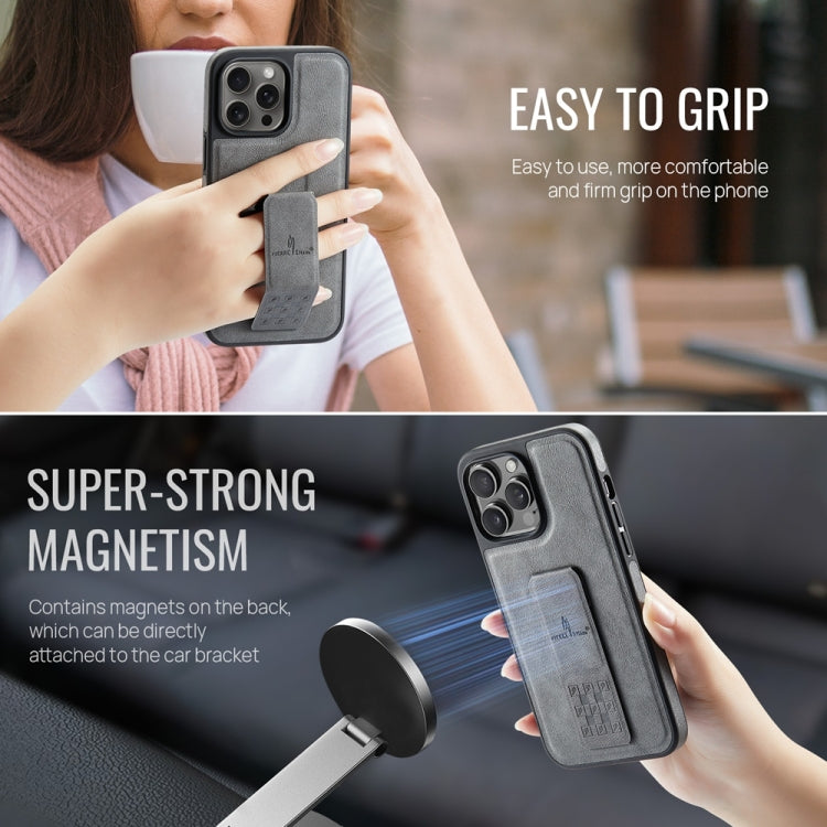 For iPhone 13 Pro Max Fierre Shann Oil Wax Cow Leather Holder Back Phone Case(Grey)