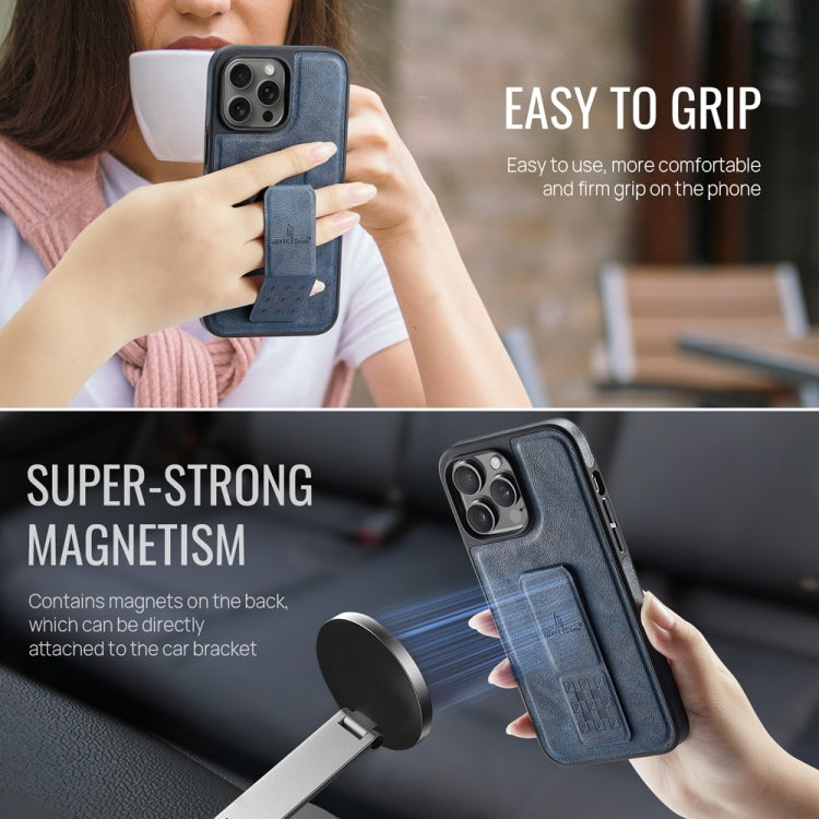 For iPhone 13 Pro Max Fierre Shann Oil Wax Cow Leather Holder Back Phone Case(Blue)