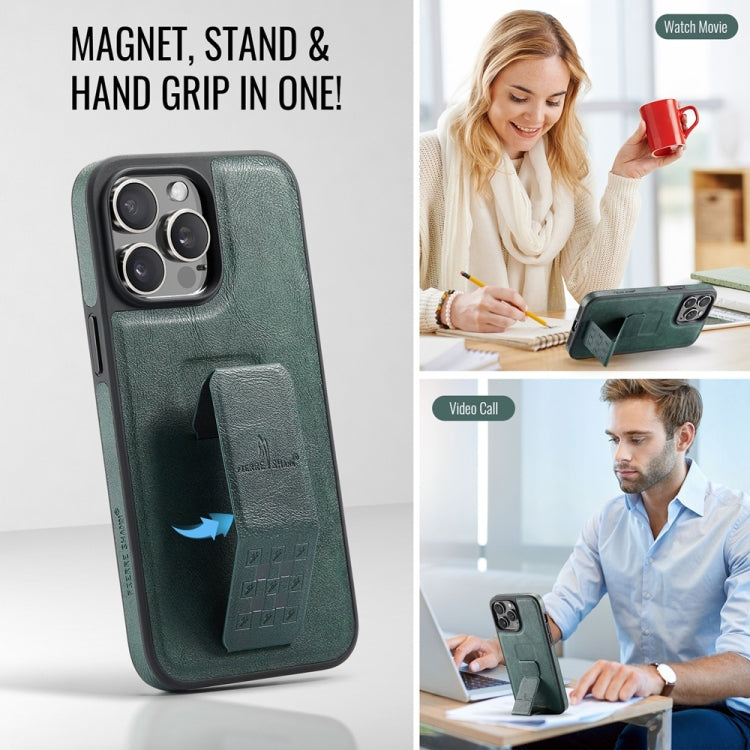 For iPhone 13 Pro Max Fierre Shann Oil Wax Cow Leather Holder Back Phone Case(Green)