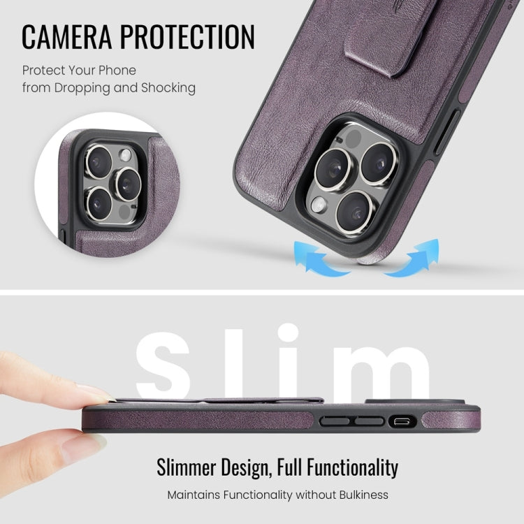For iPhone 13 Pro Max Fierre Shann Oil Wax Cow Leather Holder Back Phone Case(Purple)