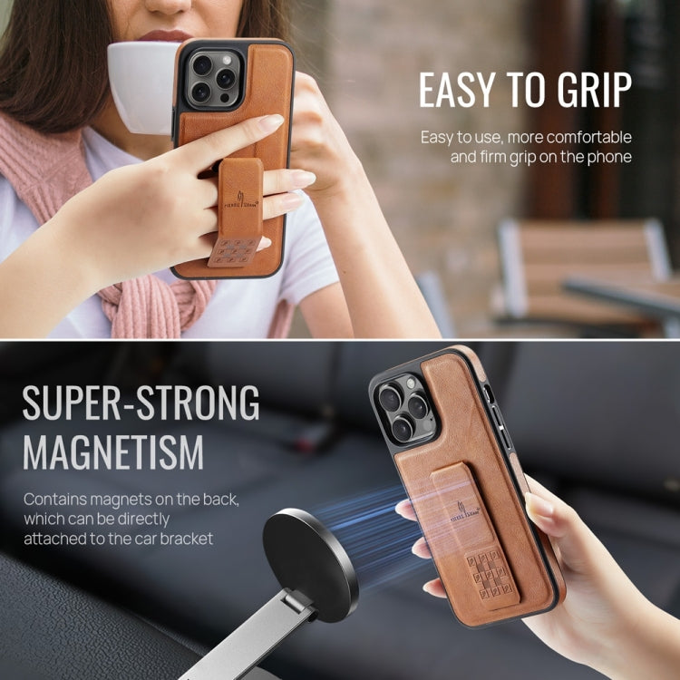 For iPhone 13 Pro Max Fierre Shann Oil Wax Cow Leather Holder Back Phone Case(Brown)