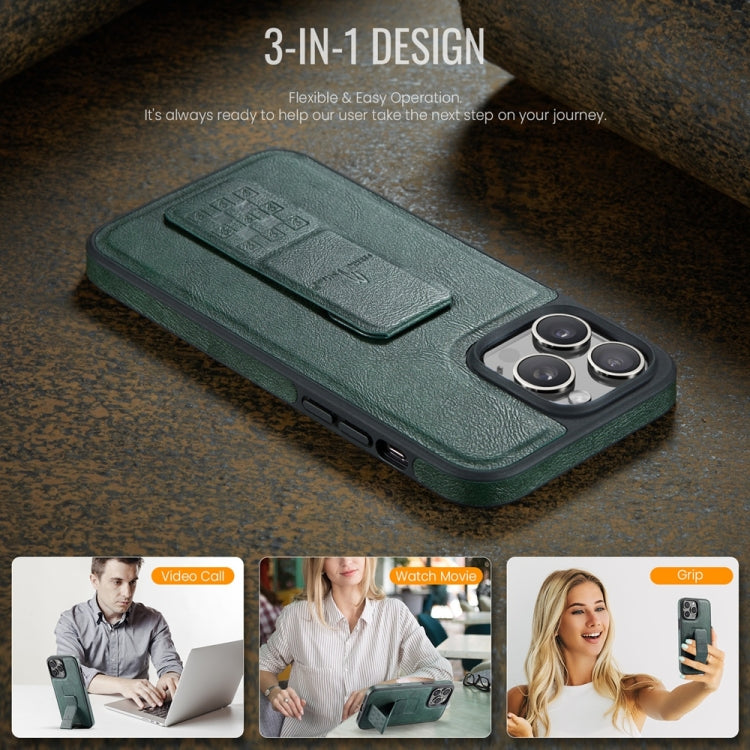 For iPhone 13 Pro Fierre Shann Oil Wax Cow Leather Holder Back Phone Case(Green)