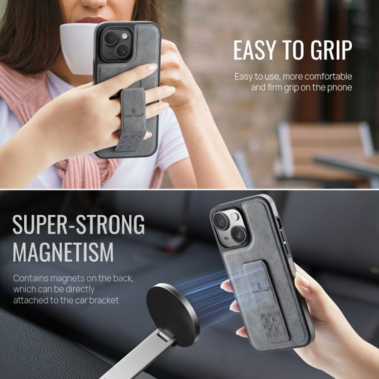 For iPhone 13 Fierre Shann Oil Wax Cow Leather Holder Back Phone Case(Grey)