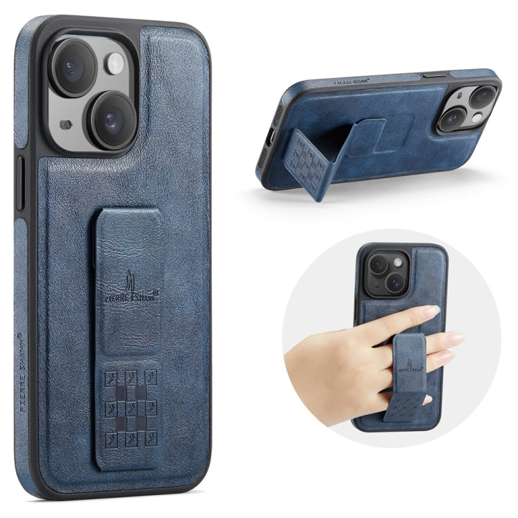 For iPhone 13 Fierre Shann Oil Wax Cow Leather Holder Back Phone Case(Blue)