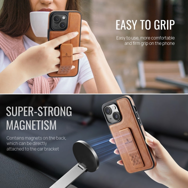 For iPhone 13 Fierre Shann Oil Wax Cow Leather Holder Back Phone Case(Brown)