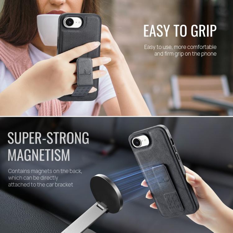For iPhone 17e / 16e Fierre Shann Oil Wax Cow Leather Holder Back Phone Case(Black)