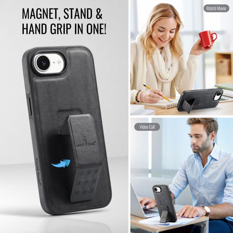 For iPhone 17e / 16e Fierre Shann Oil Wax Cow Leather Holder Back Phone Case(Black)