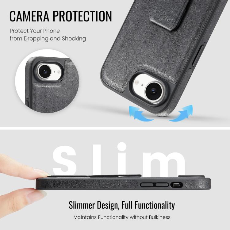 For iPhone 17e / 16e Fierre Shann Oil Wax Cow Leather Holder Back Phone Case(Black)