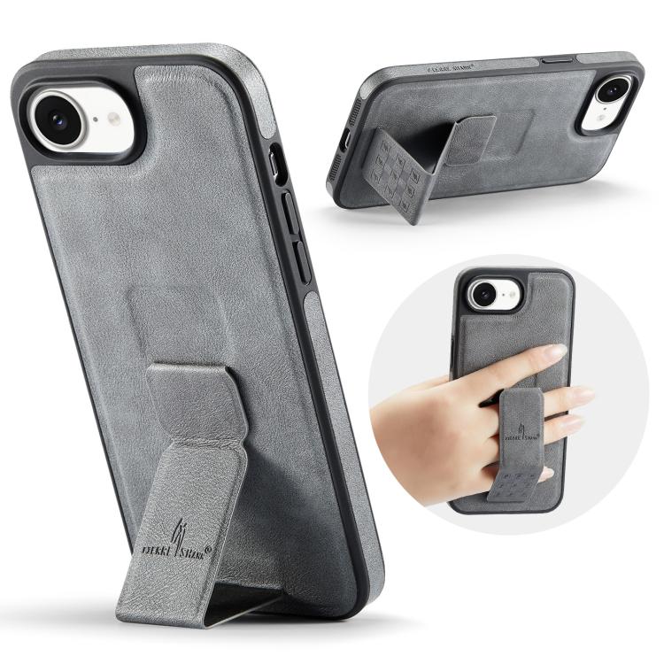 For iPhone 17e / 16e Fierre Shann Oil Wax Cow Leather Holder Back Phone Case(Grey)