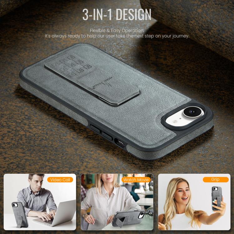For iPhone 17e / 16e Fierre Shann Oil Wax Cow Leather Holder Back Phone Case(Grey)