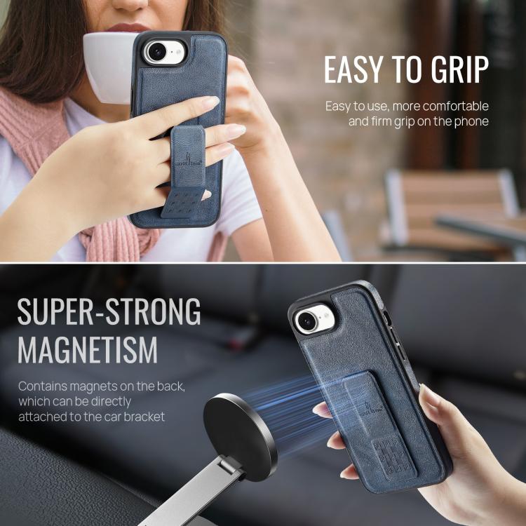 For iPhone 17e / 16e Fierre Shann Oil Wax Cow Leather Holder Back Phone Case(Blue)
