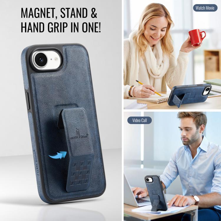 For iPhone 17e / 16e Fierre Shann Oil Wax Cow Leather Holder Back Phone Case(Blue)