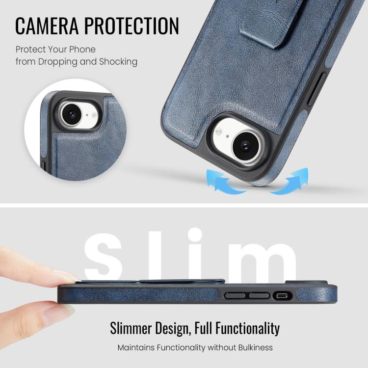 For iPhone 17e / 16e Fierre Shann Oil Wax Cow Leather Holder Back Phone Case(Blue)