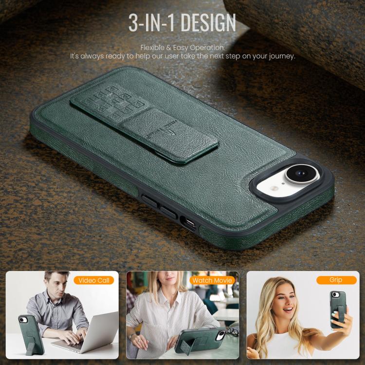 For iPhone 17e / 16e Fierre Shann Oil Wax Cow Leather Holder Back Phone Case(Green)