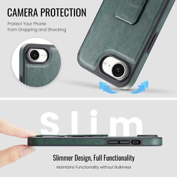 For iPhone 17e / 16e Fierre Shann Oil Wax Cow Leather Holder Back Phone Case(Green)