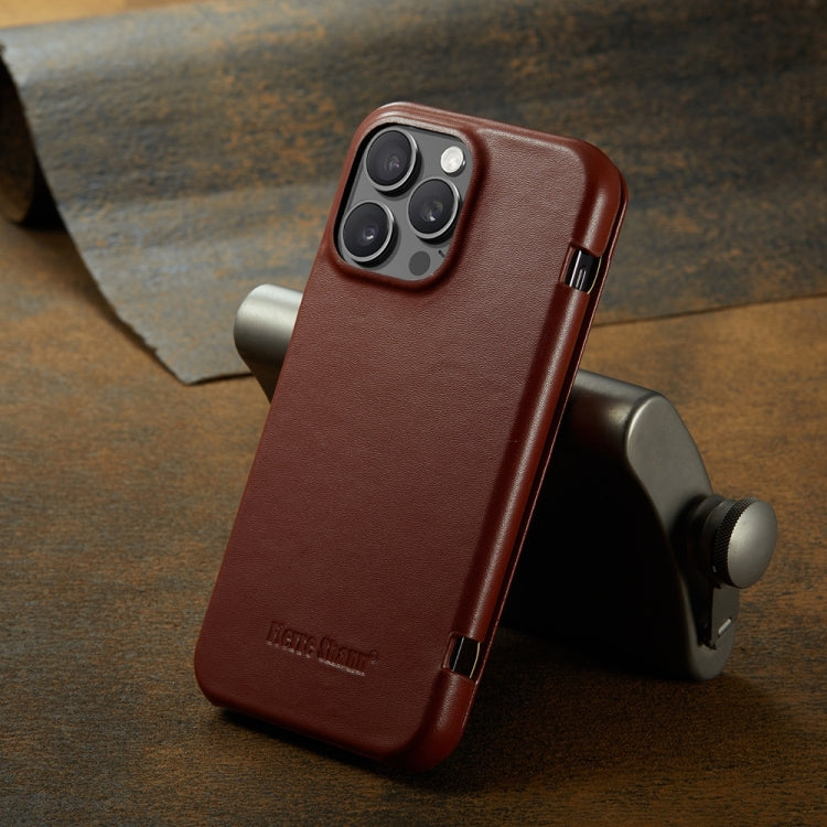 For iPhone 16 Pro Fierre Shann Top Layer Cowhide Business Magnetic Leather Phone Case(Brown)