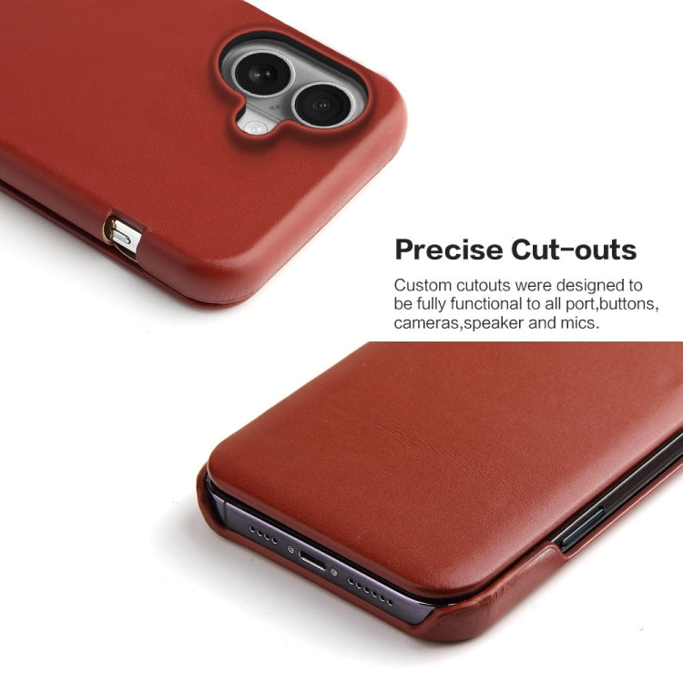 For iPhone 16 Fierre Shann Top Layer Cowhide Business Magnetic Leather Phone Case(Brown)