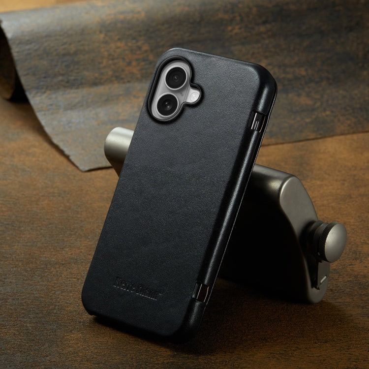 For iPhone 16 Fierre Shann Top Layer Cowhide Business Magnetic Leather Phone Case(Black)