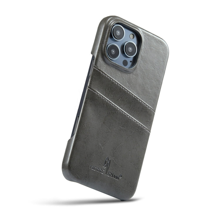 For iPhone 16 Pro Max Fierre Shann Retro Oil Wax Texture Card Slots PU Leather Phone Case(Grey)