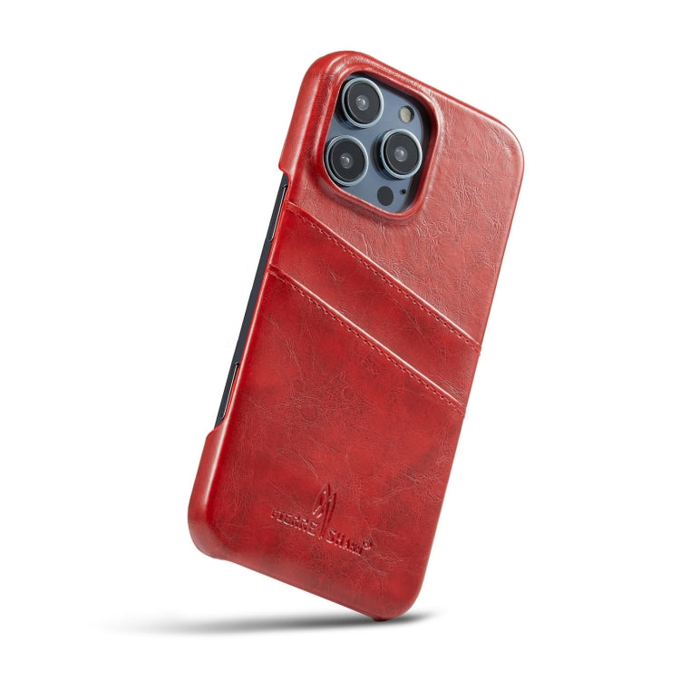 For iPhone 16 Pro Fierre Shann Retro Oil Wax Texture Card Slots PU Leather Phone Case(Red)