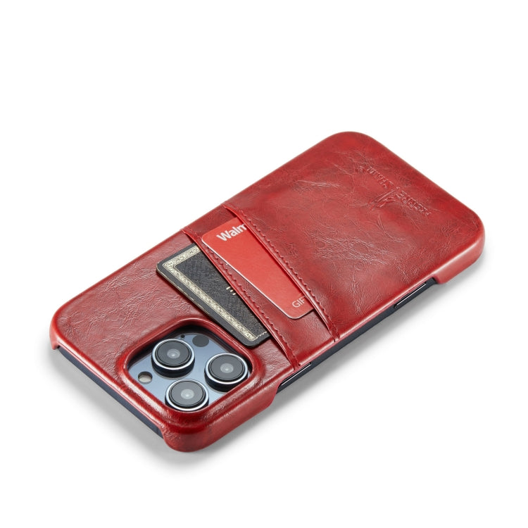 For iPhone 16 Pro Fierre Shann Retro Oil Wax Texture Card Slots PU Leather Phone Case(Red)