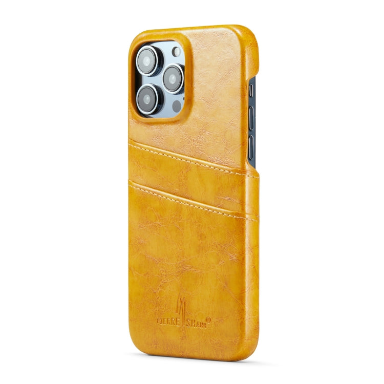 For iPhone 16 Pro Fierre Shann Retro Oil Wax Texture Card Slots PU Leather Phone Case(Yellow)