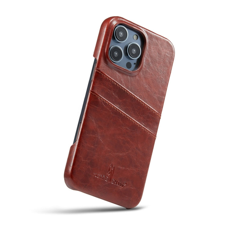 For iPhone 16 Pro Fierre Shann Retro Oil Wax Texture Card Slots PU Leather Phone Case(Brown)