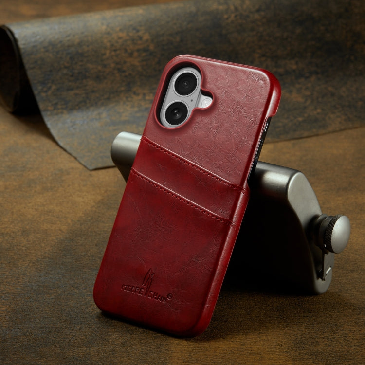 For iPhone 16 Fierre Shann Retro Oil Wax Texture Card Slots PU Leather Phone Case(Red)
