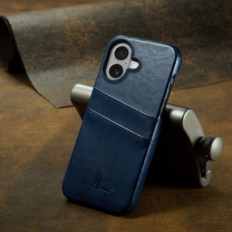 For iPhone 16 Fierre Shann Retro Oil Wax Texture Card Slots PU Leather Phone Case(Blue)