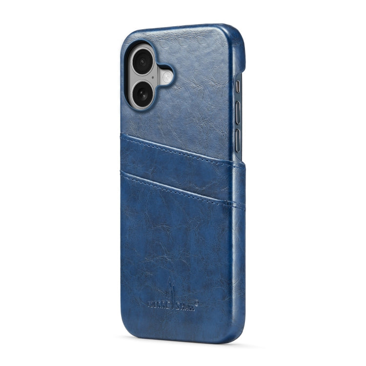 For iPhone 16 Fierre Shann Retro Oil Wax Texture Card Slots PU Leather Phone Case(Blue)