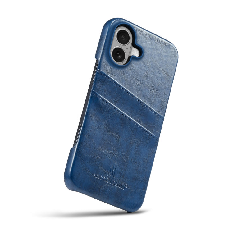 For iPhone 16 Fierre Shann Retro Oil Wax Texture Card Slots PU Leather Phone Case(Blue)