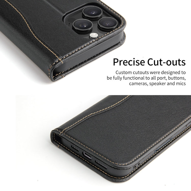 For iPhone 16 Pro Fierre Shann Cowhide Leather Flip Leather Phone Case(Black)
