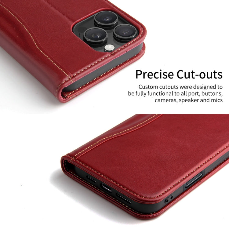 For iPhone 16 Pro Fierre Shann Cowhide Leather Flip Leather Phone Case(Red)
