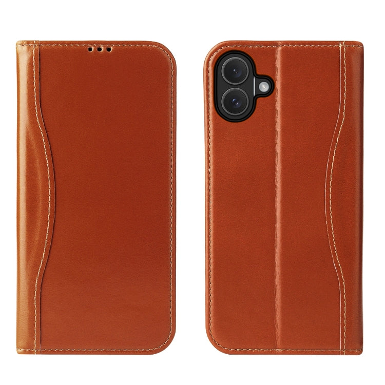 For iPhone 16 Plus Fierre Shann Cowhide Leather Flip Leather Phone Case(Brown)