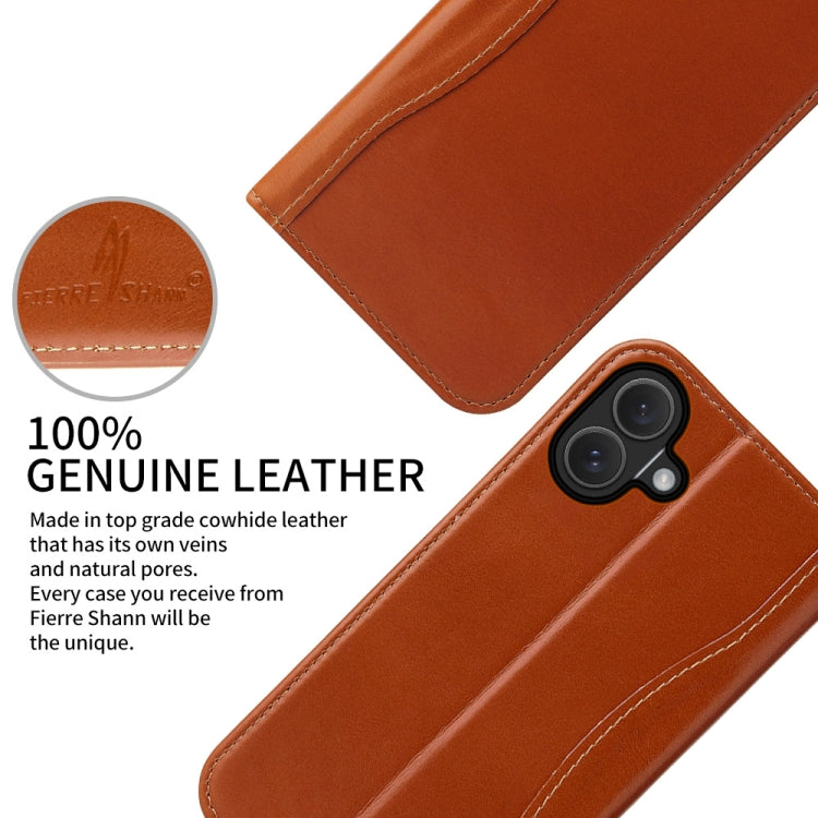 For iPhone 16 Plus Fierre Shann Cowhide Leather Flip Leather Phone Case(Brown)