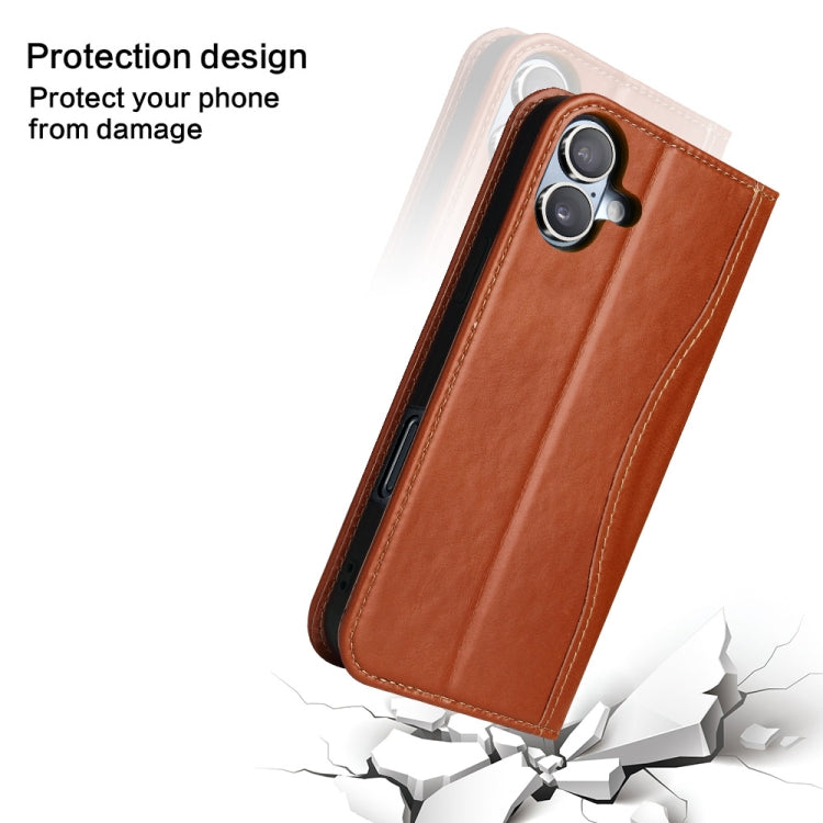 For iPhone 16 Plus Fierre Shann Cowhide Leather Flip Leather Phone Case(Brown)