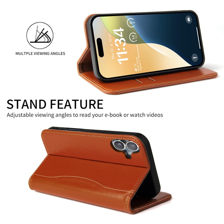 For iPhone 16 Fierre Shann Cowhide Leather Flip Leather Phone Case(Brown)
