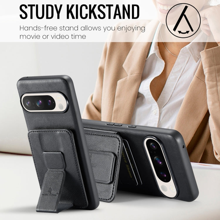 For Google Pixel 9 Pro XL Fierre Shann Oil Wax Cow Leather Card Holder Back Phone Case(Black)