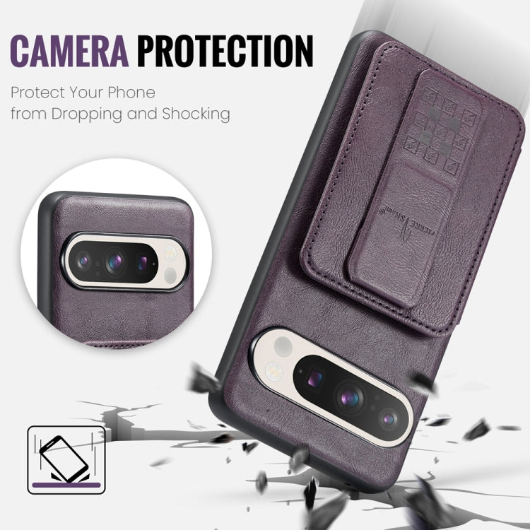For Google Pixel 9 Pro XL Fierre Shann Oil Wax Cow Leather Card Holder Back Phone Case(Purple)