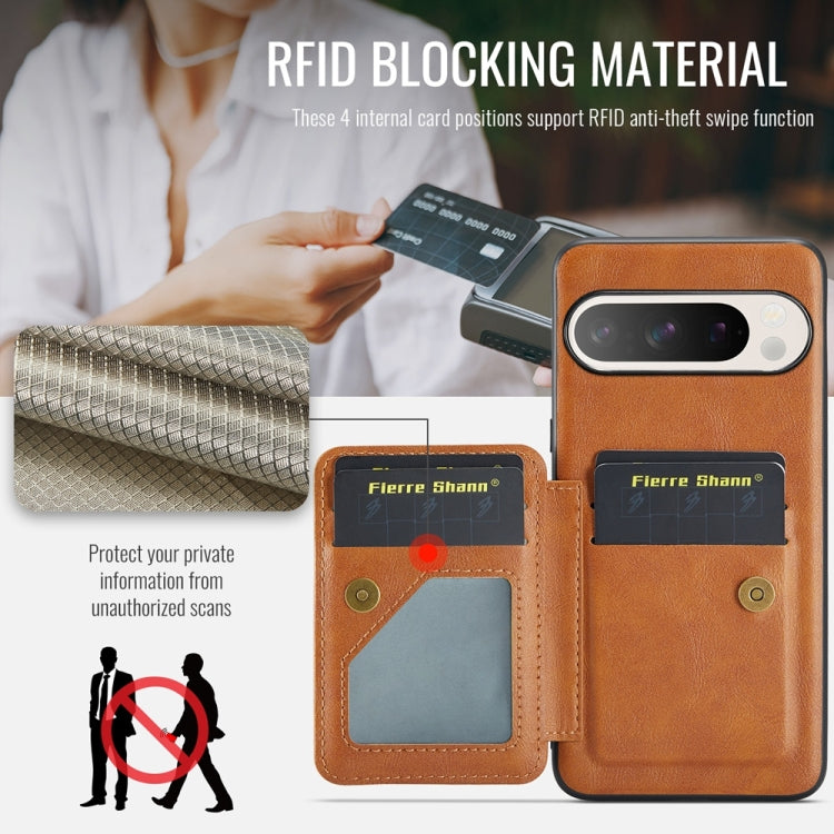 For Google Pixel 9 Pro XL Fierre Shann Oil Wax Cow Leather Card Holder Back Phone Case(Brown)