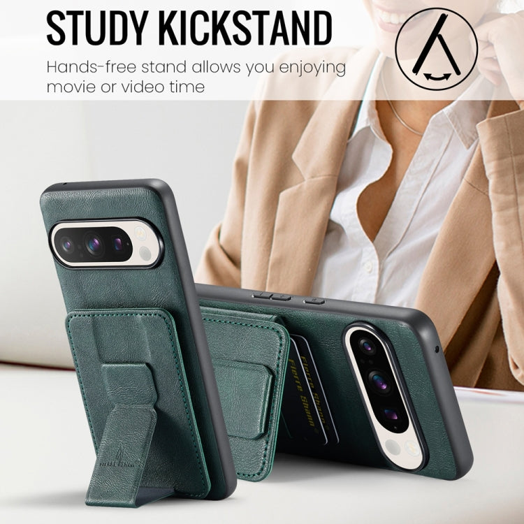 For Google Pixel 9 / 9 Pro Fierre Shann Oil Wax Cow Leather Card Holder Back Phone Case(Green)