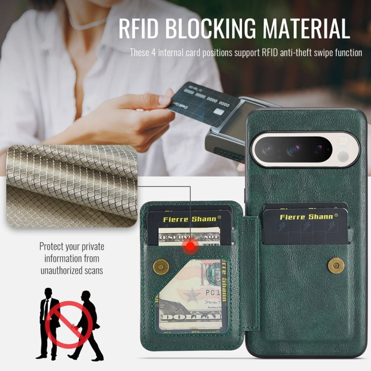 For Google Pixel 9 / 9 Pro Fierre Shann Oil Wax Cow Leather Card Holder Back Phone Case(Green)