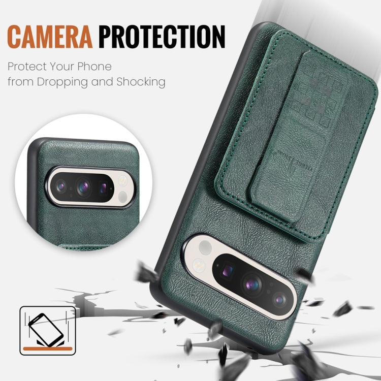 For Google Pixel 9 / 9 Pro Fierre Shann Oil Wax Cow Leather Card Holder Back Phone Case(Green)